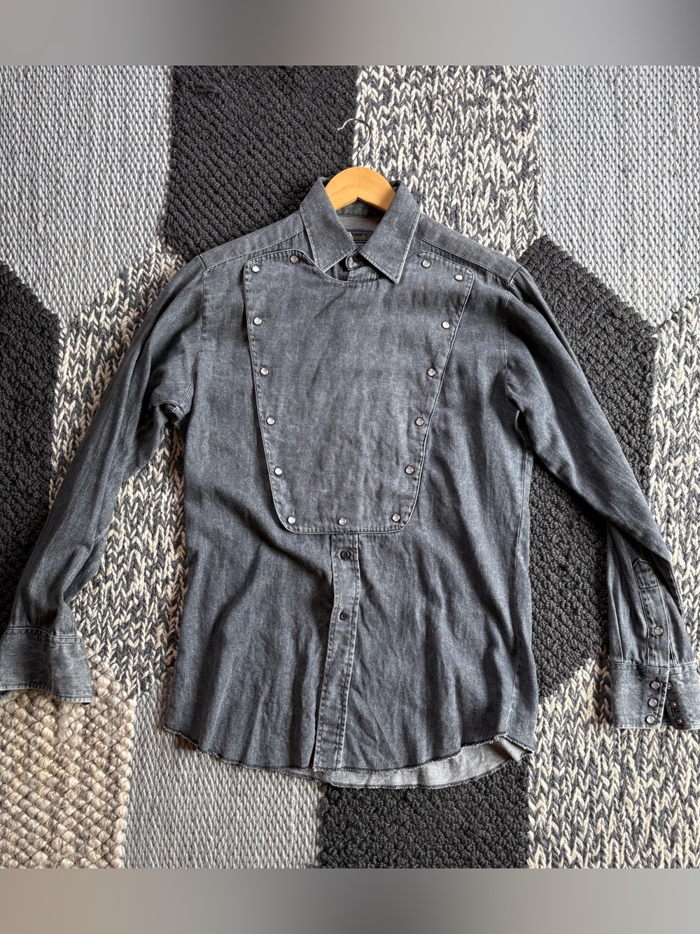 Panhandle Slim Men's Washed Black Denim Shirt with Studded Bib